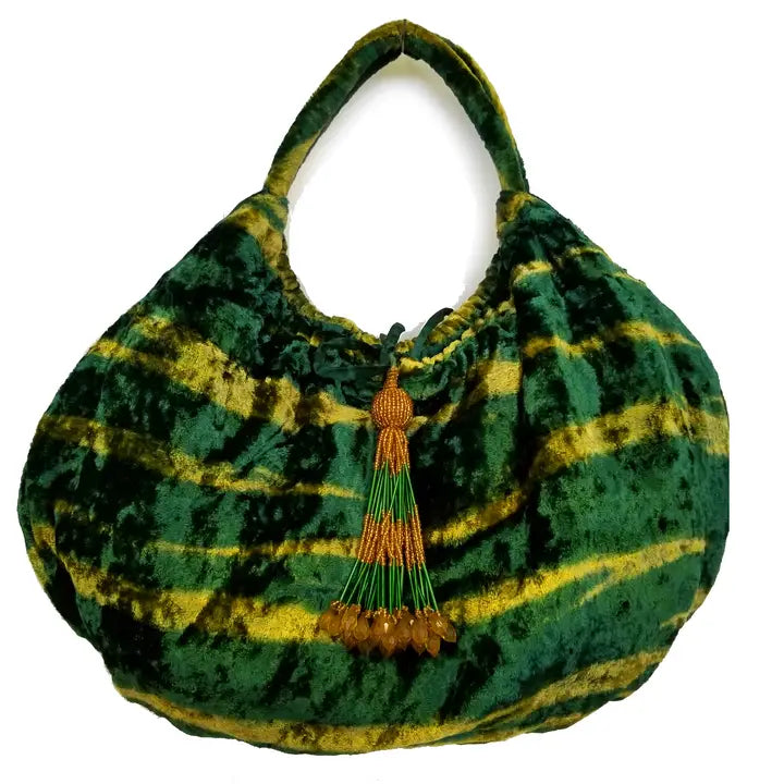 Green Velvet Tie Dye & Tassel Handbag