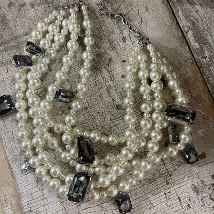 5 Strand Pearl Smokey Crystal Necklace