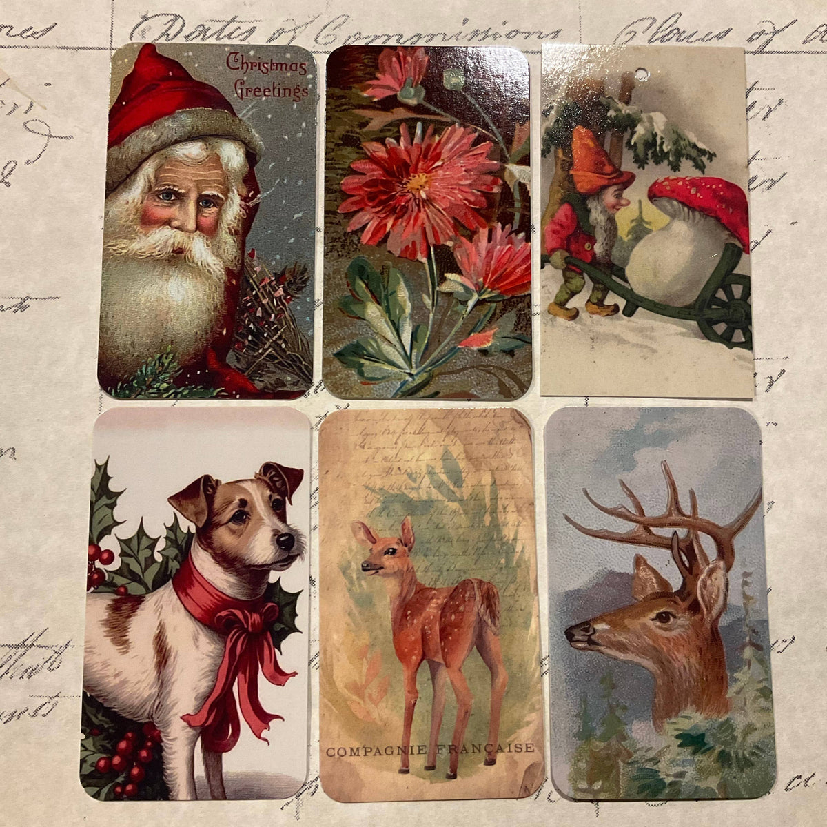 Khaki Red Santa Face 6-Tag & Ribbon Set