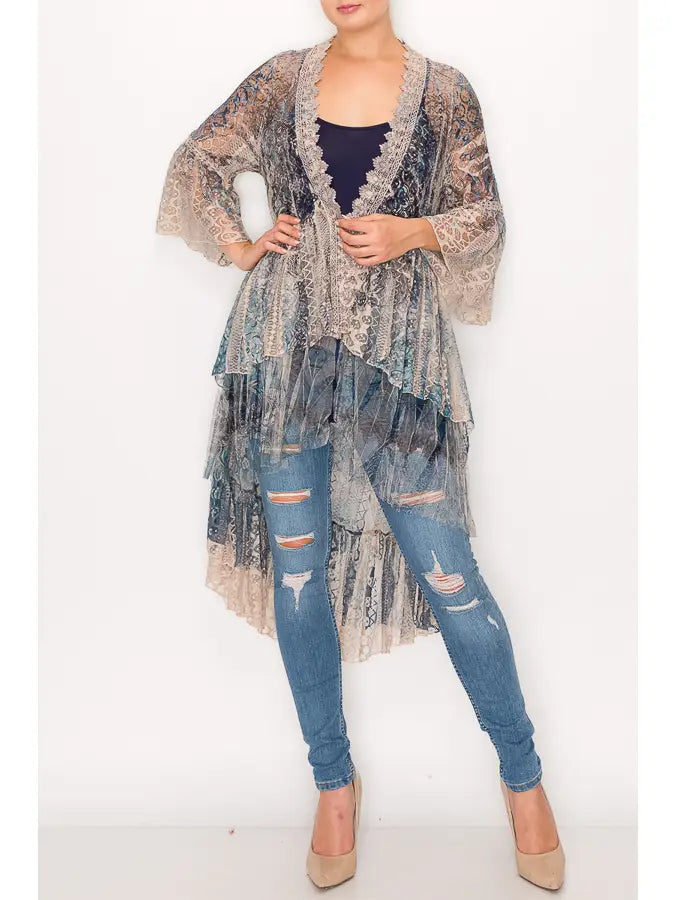 Lace Cardigan Duster, Taupe & Navy