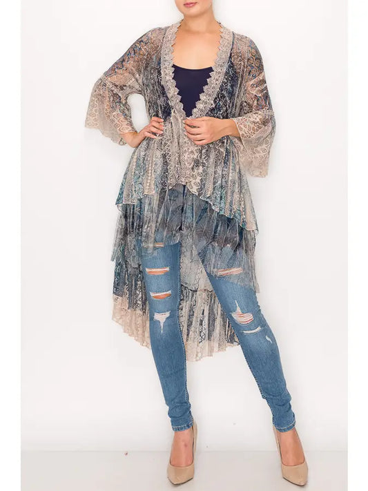 Lace Cardigan Duster, Taupe & Navy