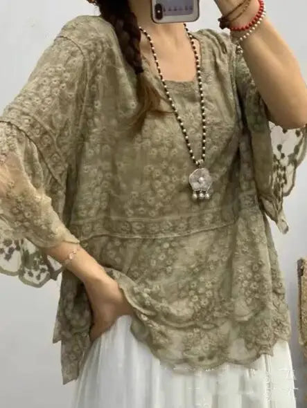 Vintage Embroidered Pullover Lace Blouse, Olive