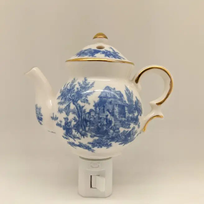 Blue Toile Teapot - Porcelain Nightlight 24K Gold Trim