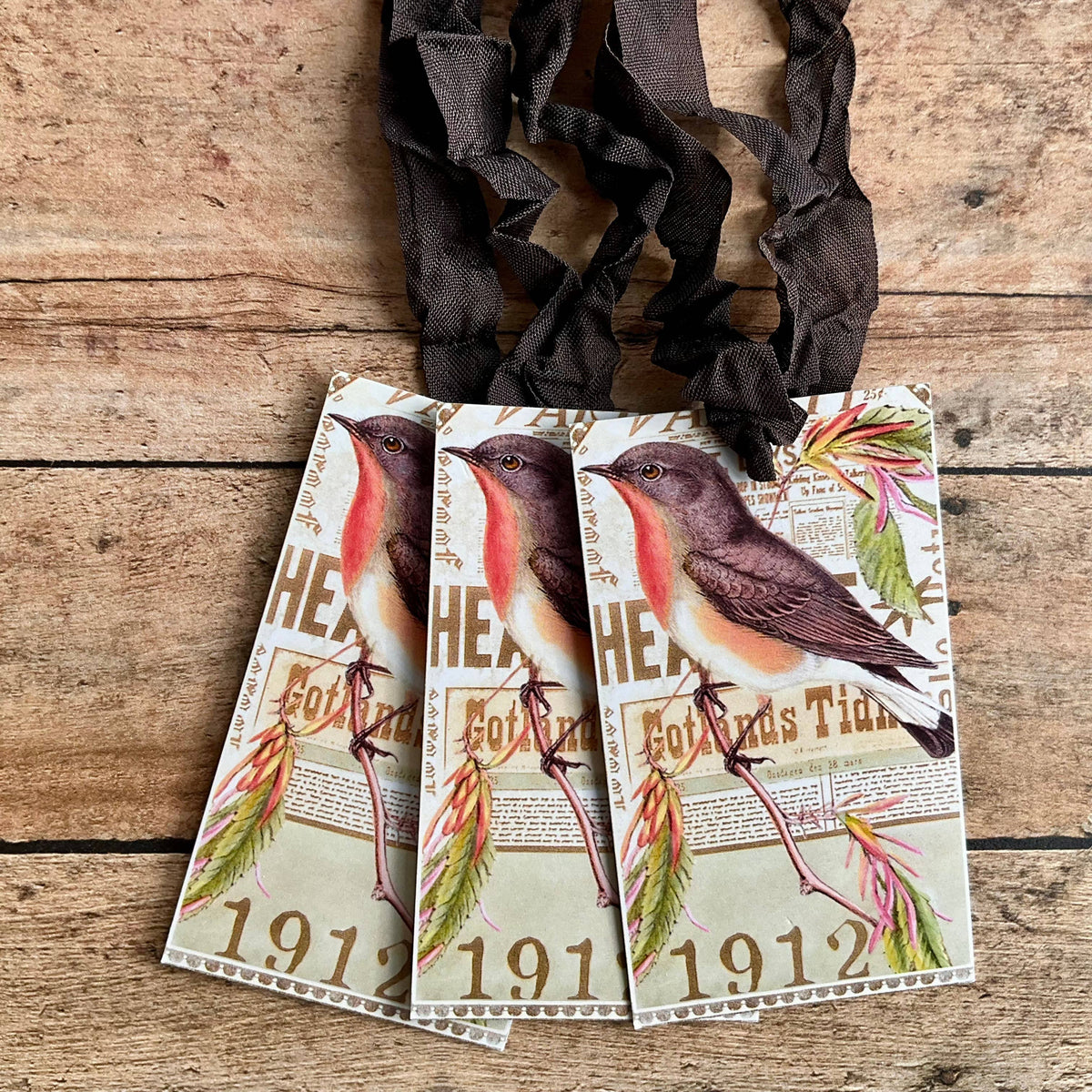 1912 Bird 3pk Tag & Ribbon Set