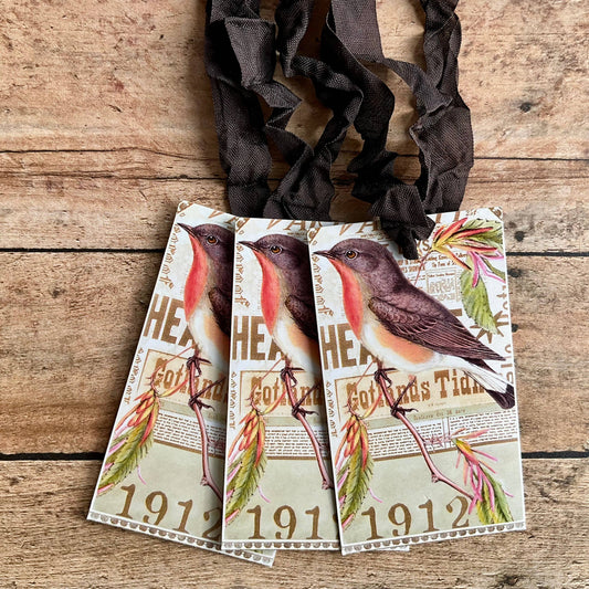 1912 Bird 3pk Tag & Ribbon Set