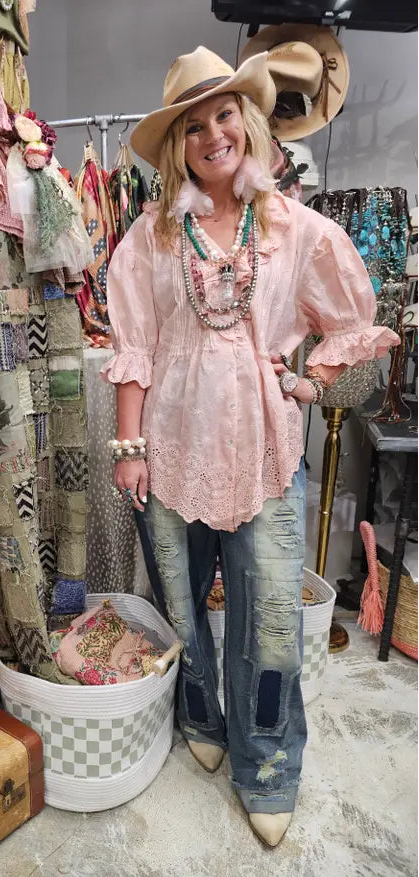 Eyelet Linen Pink Top OS - A Rare Bird
