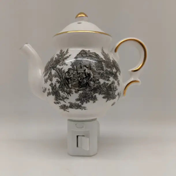 Black Toile Teapot - Porcelain Nightlight 24K Gold Trim