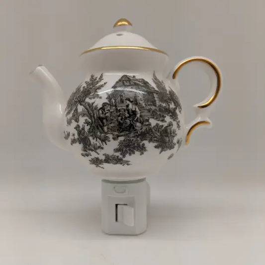 Black Toile Teapot - Porcelain Nightlight 24K Gold Trim