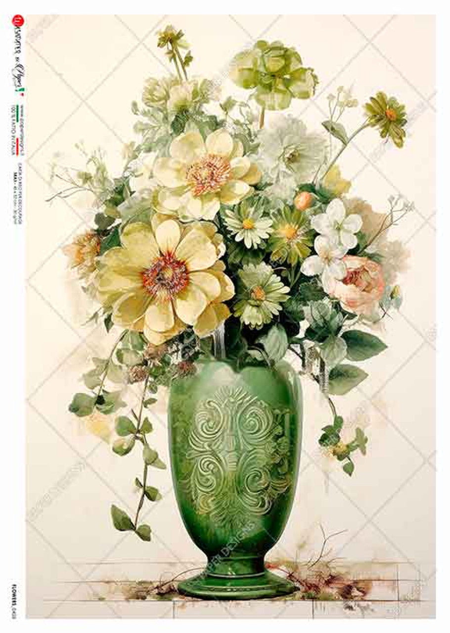 Yellow and White Flowers in Green Vase 0426 - A4 8.3 x 11.7 Rice Paper by Paper Designs