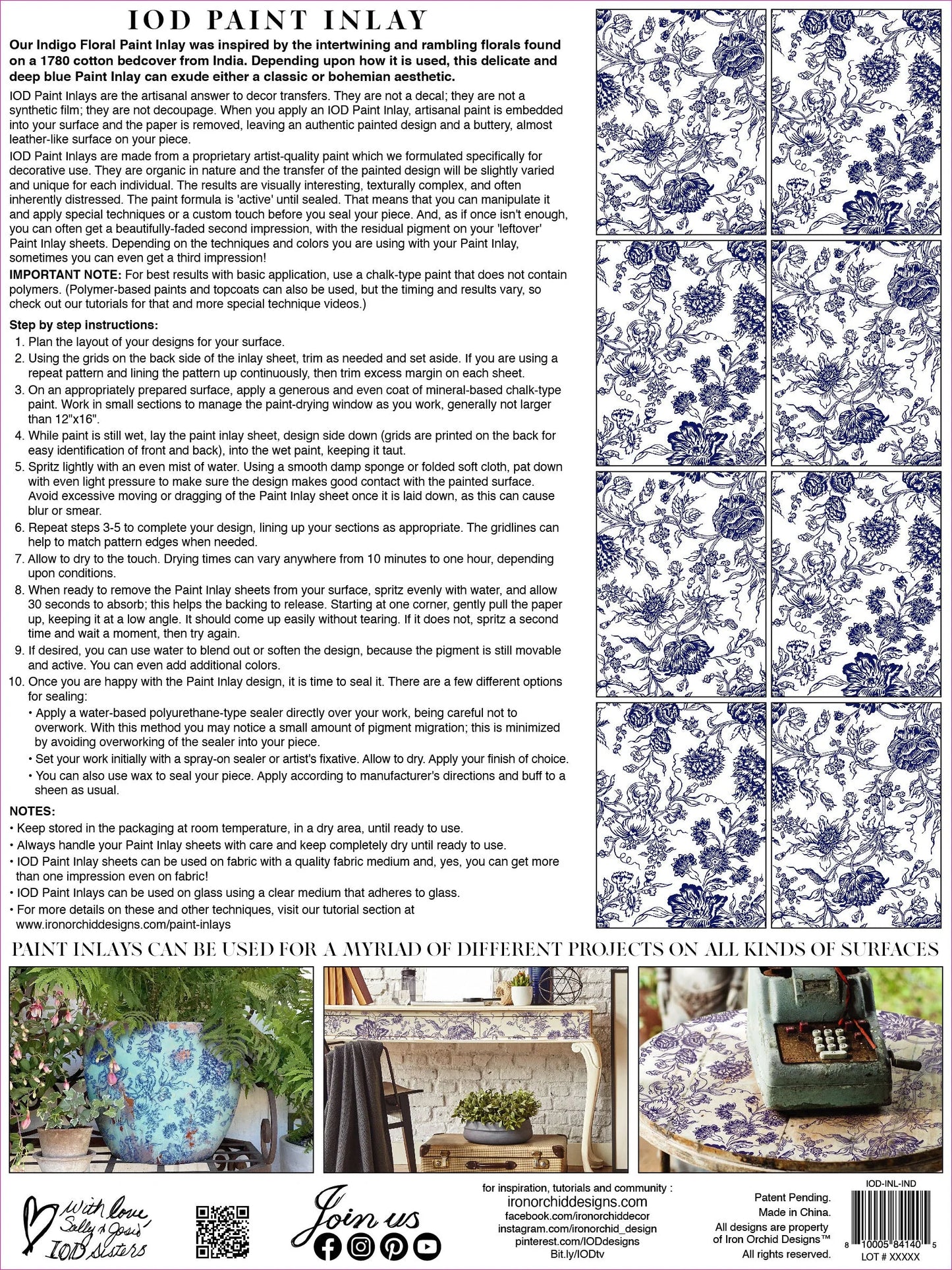 Indigo Floral - 8 Sheet, 12x16 Pad IOD Paint Inlay™