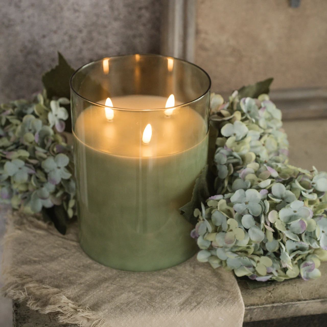 8" Green Glass 3 Wick 3D Flame Candle