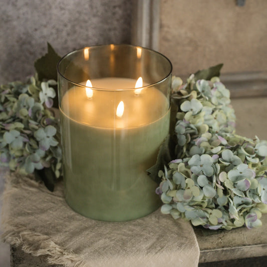 8" Green Glass 3 Wick 3D Flame Candle