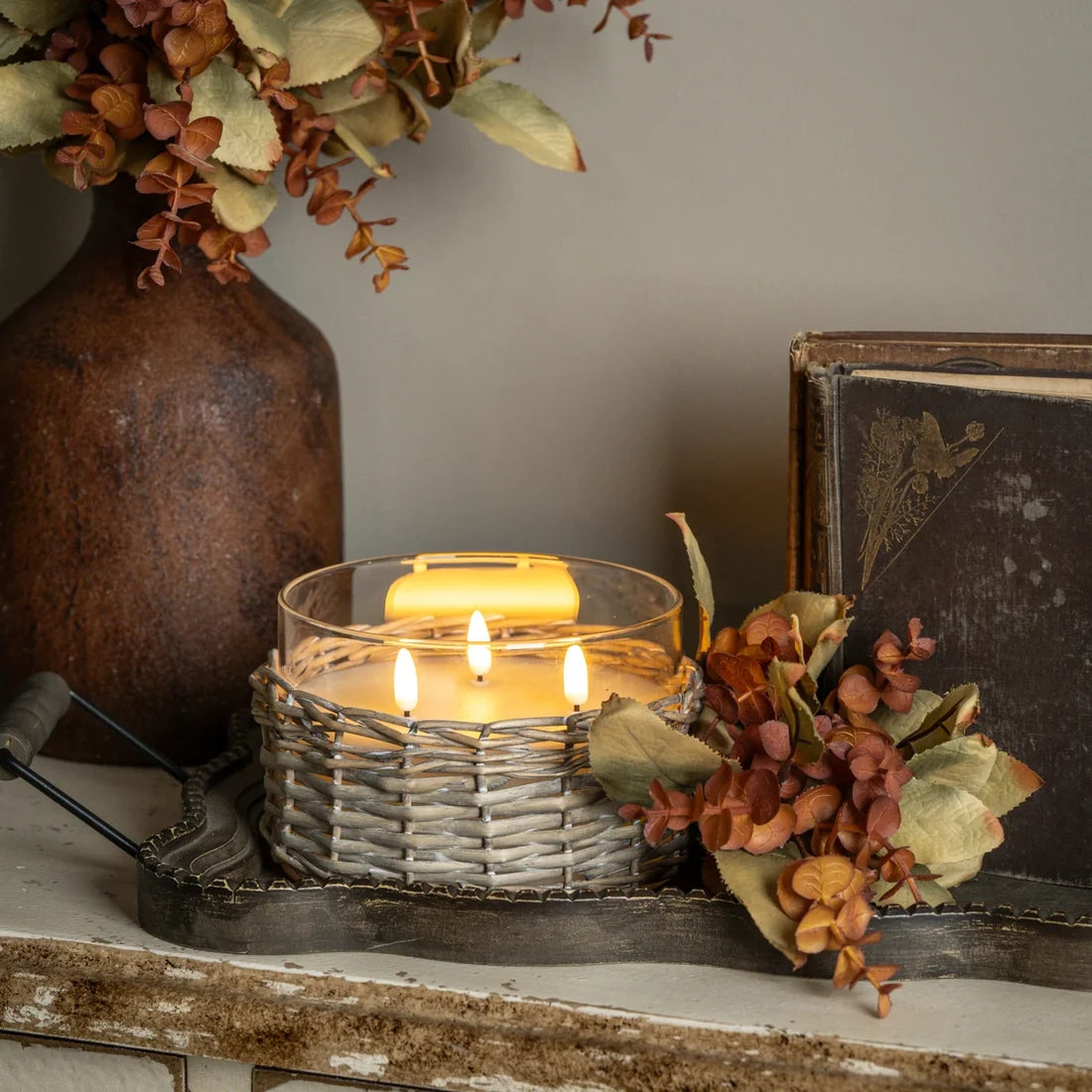 4" Woven Wicker Glass 3 Wick 3D Flame Candle