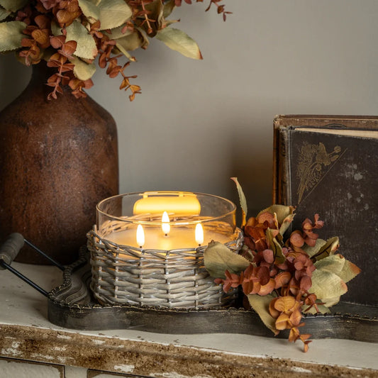 4" Woven Wicker Glass 3 Wick 3D Flame Candle