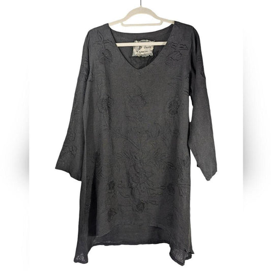 Heart's Desire Clothing - Embroidered Applique Linen Charcoal