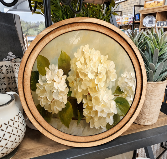 8in Round Hydrangea Painting Handcrafted Wood Art