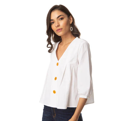 White Button Detail Top