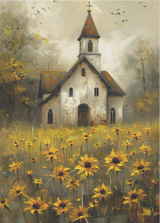White Church Yellow Field - 10 x 14 Decoupage Tissue
