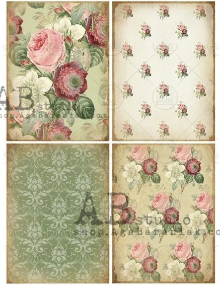 Mixed Flowers & Vintage Damask 0491  - A4 8.3 x 11.7 Rice Paper by AB Studio