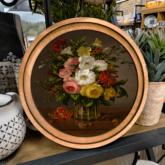 8in Round Vintage Dark Floral Handcrafted Wood Art
