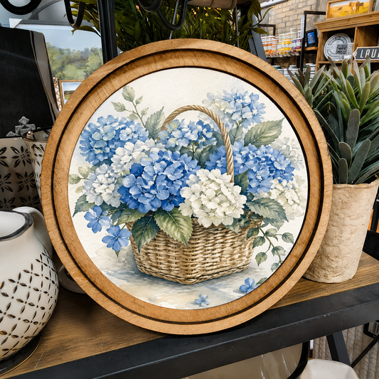 8in Round Blue Hydrangeas Handcrafted Wood Art