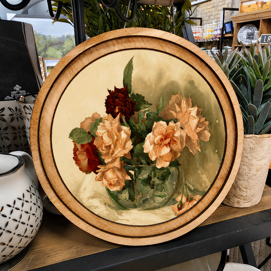 8in Round Vintage Floral Handcrafted Wood Art