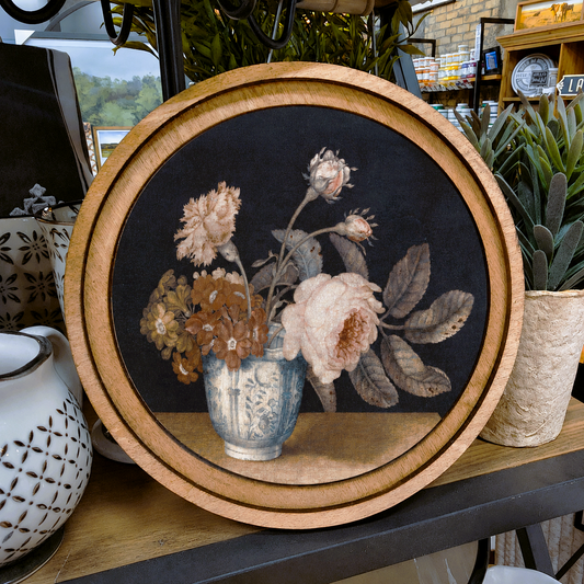 8in Round Vintage Flowers Handcrafted Wood Art