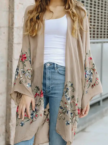 Floral Embroidered Kimono - Mocha