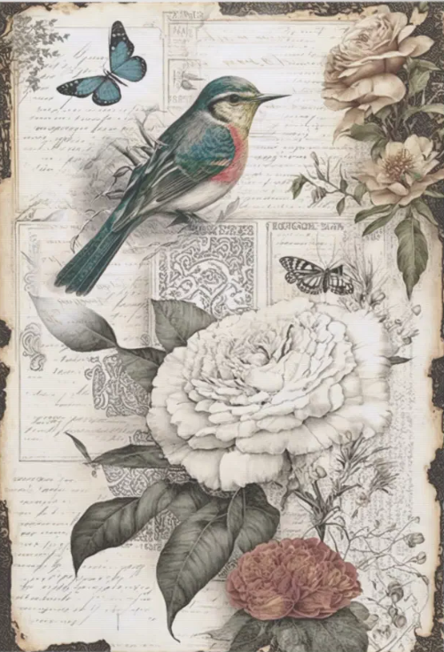 Vintage Bird and Rose 18" x 24" - Decoupage Tissue Paper