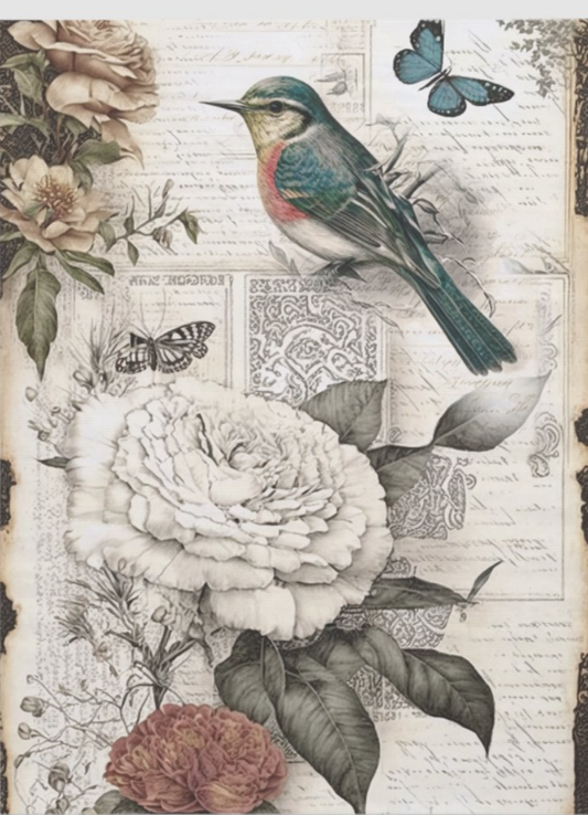 Vintage Bird and Rose REVERSE 18" x 24" - Decoupage Tissue Paper