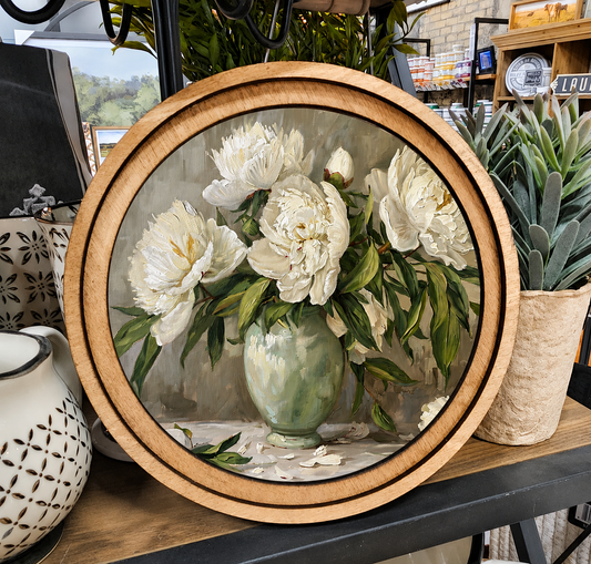 8in Round Muted Peony Handcrafted Wood Art