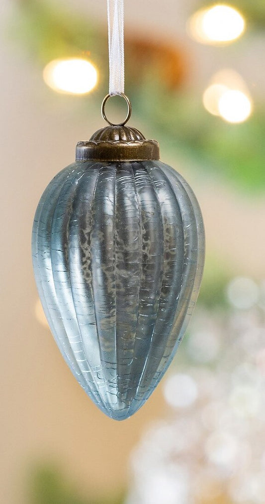 Antique Blue Drop Striated Glass Ornament