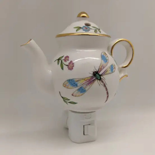 Dragonfly Teapot - Porcelain Nightlight 24K Gold Trim