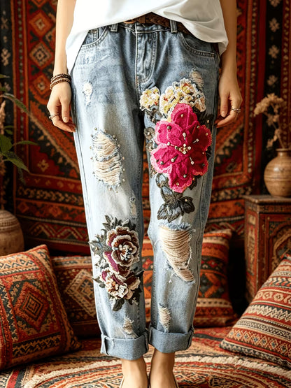 Boho Rose Distressed Boyfriend Jean - Med