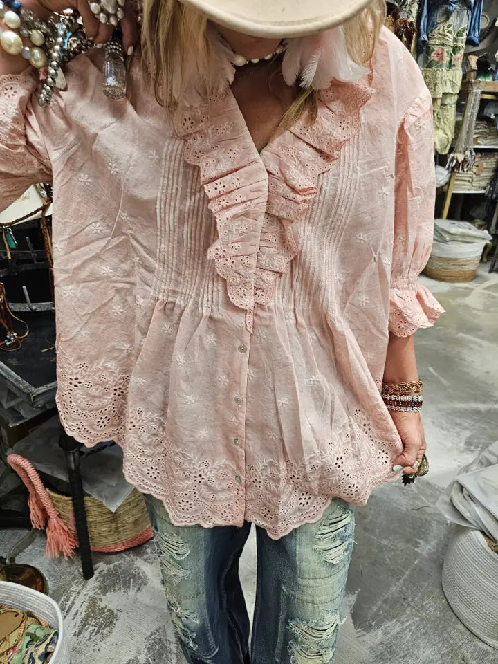 Eyelet Linen Pink Top OS - A Rare Bird