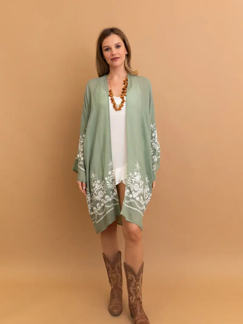 Floral Vine Lightweight Kimono - Sage