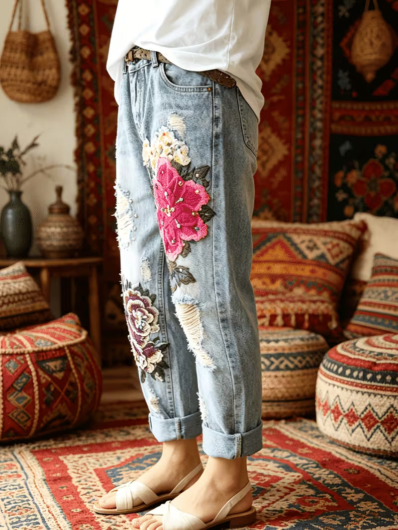 Boho Rose Distressed Boyfriend Jean - Med