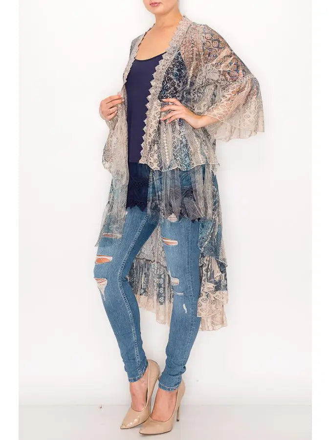 Lace Cardigan Duster, Taupe & Navy