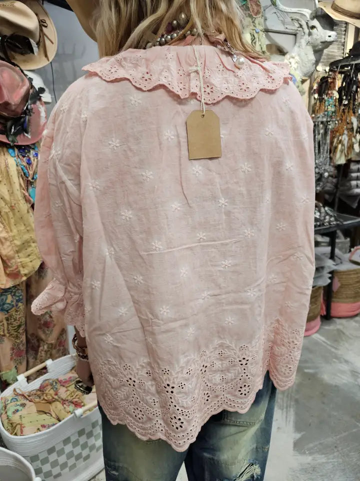 Eyelet Linen Pink Top OS - A Rare Bird