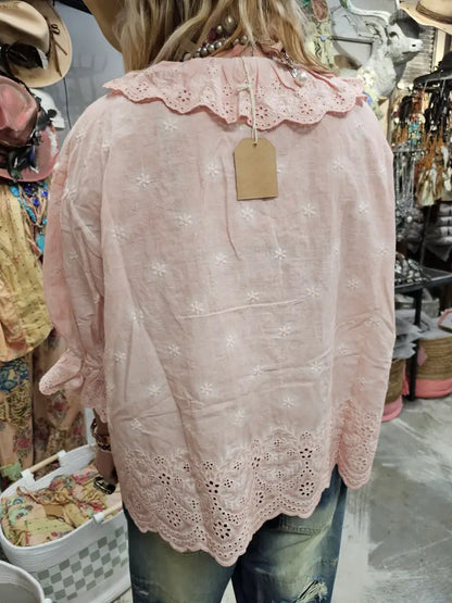 Eyelet Linen Pink Top OS - A Rare Bird