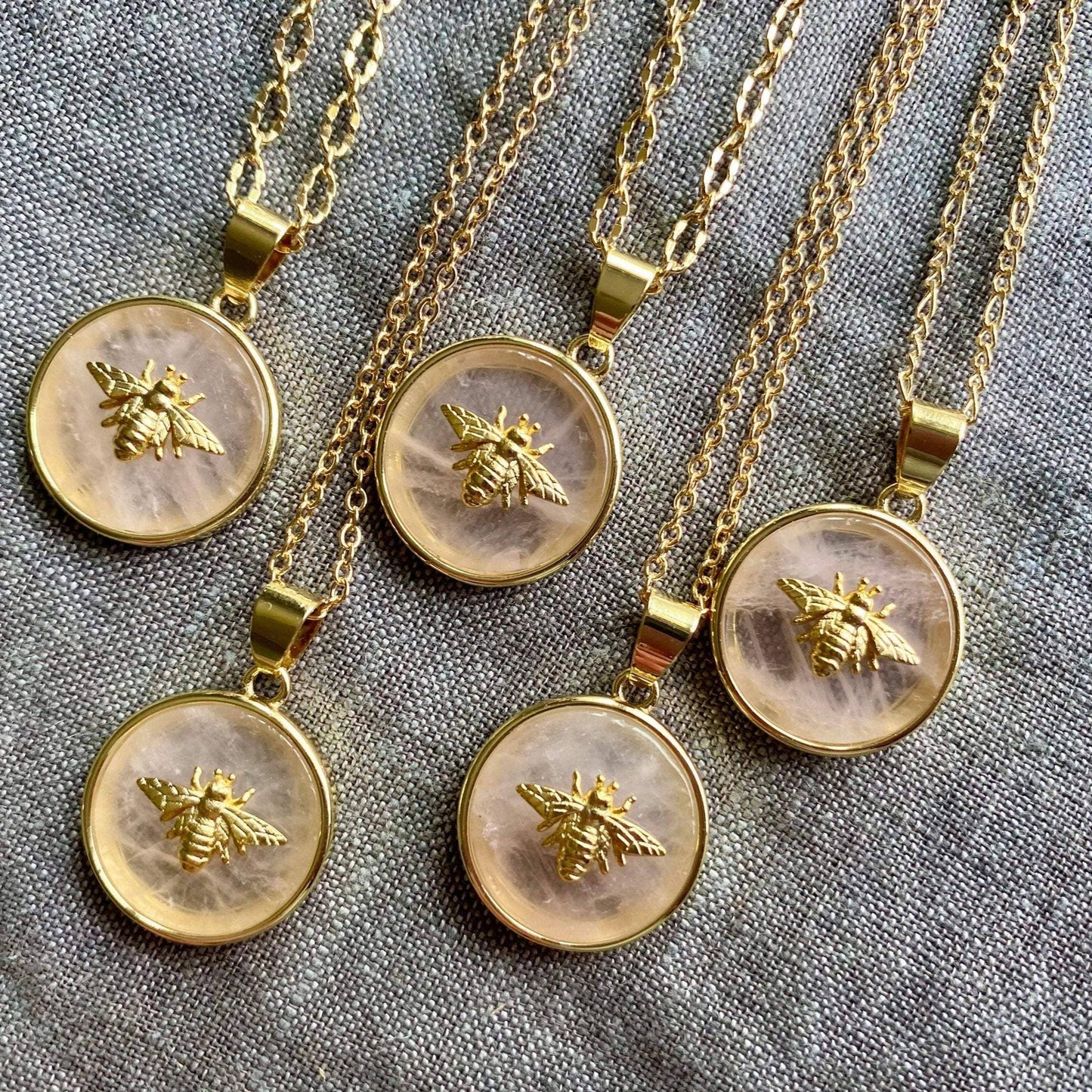 Rose Quartz Bee 22K GP Necklace