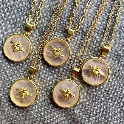 Rose Quartz Bee 22K GP Necklace