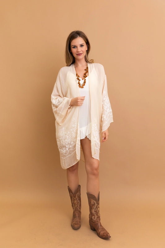 Floral Vine Lightweight Kimono - Cream
