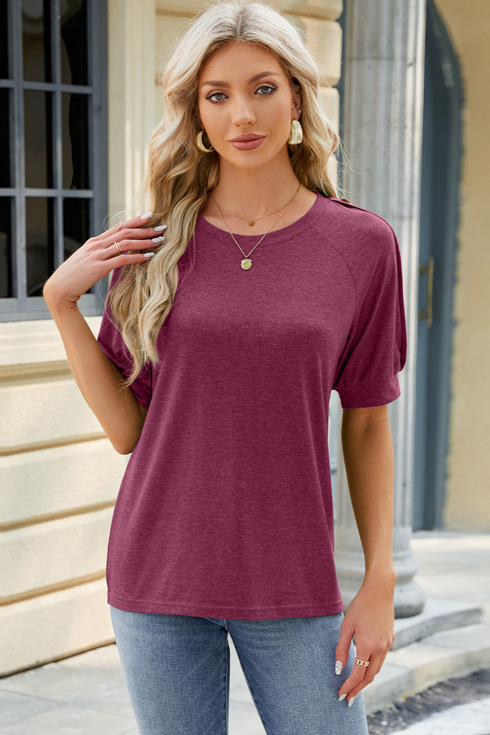 Round Neck Buttoned Short Sleeve T-Shirt