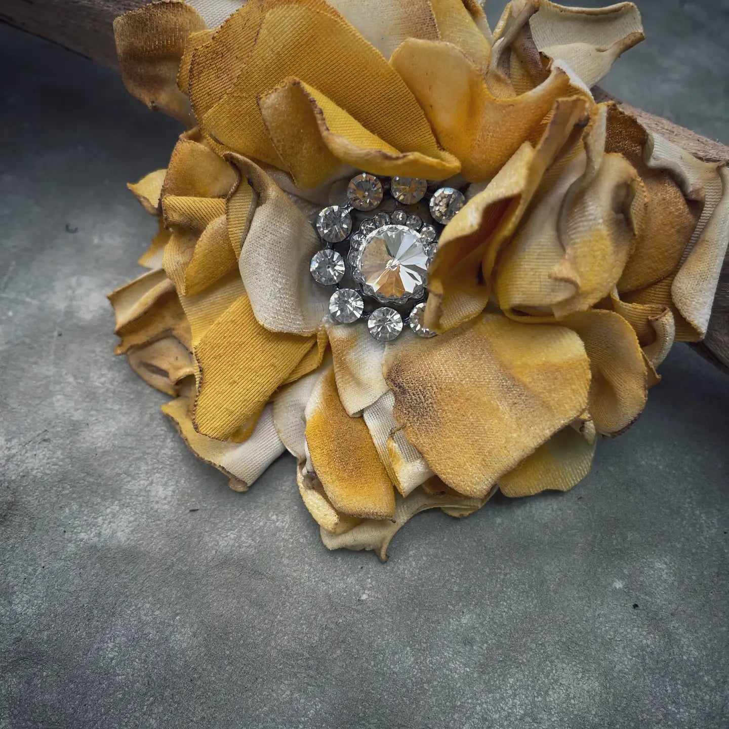 Fabric Hand-cut Floral & Feather Brooch - Mustard