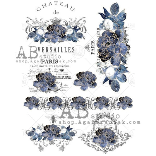 Blue Floral Parisian Labels 0671 - A4 8.3 x 11.7 Rice Paper by AB Studio