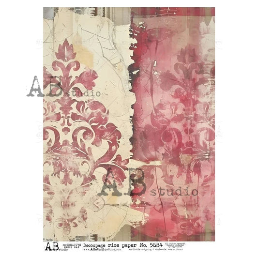 Linen and Red Damask 5684  - A4 8.3 x 11.7 Rice Paper by AB Studio