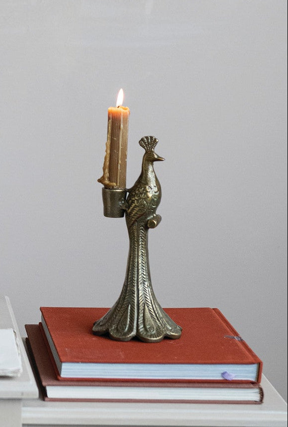 Peacock Shaped Taper Holder Bronzed Cast Aluminum