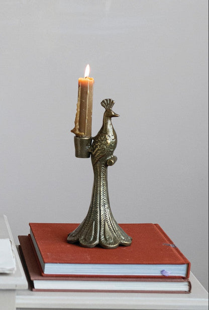 Peacock Shaped Taper Holder Bronzed Cast Aluminum