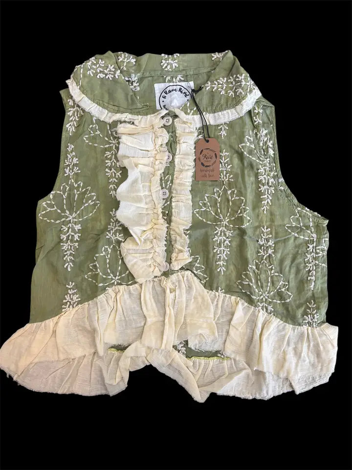Green Embroidered Ruffle Vest - A Rare Bird